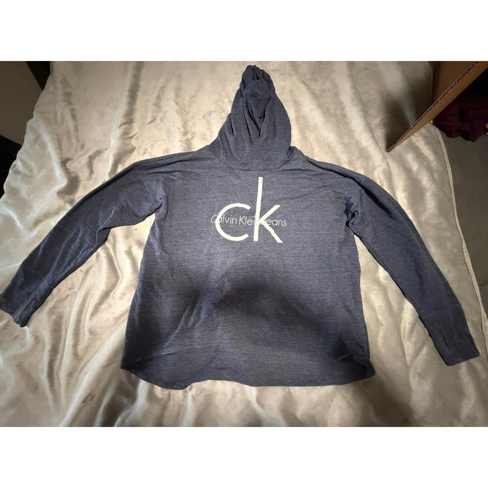 Calvin Klein Jeans Womens XL Blue Heathered CK Logo Pullover Hoodie Sweatshirt